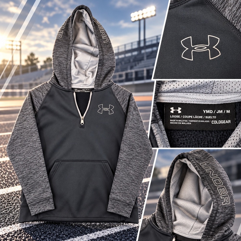 Under Armour Youth Medium Black Grey ColdGear Quarter Zip Hoodie Pullover